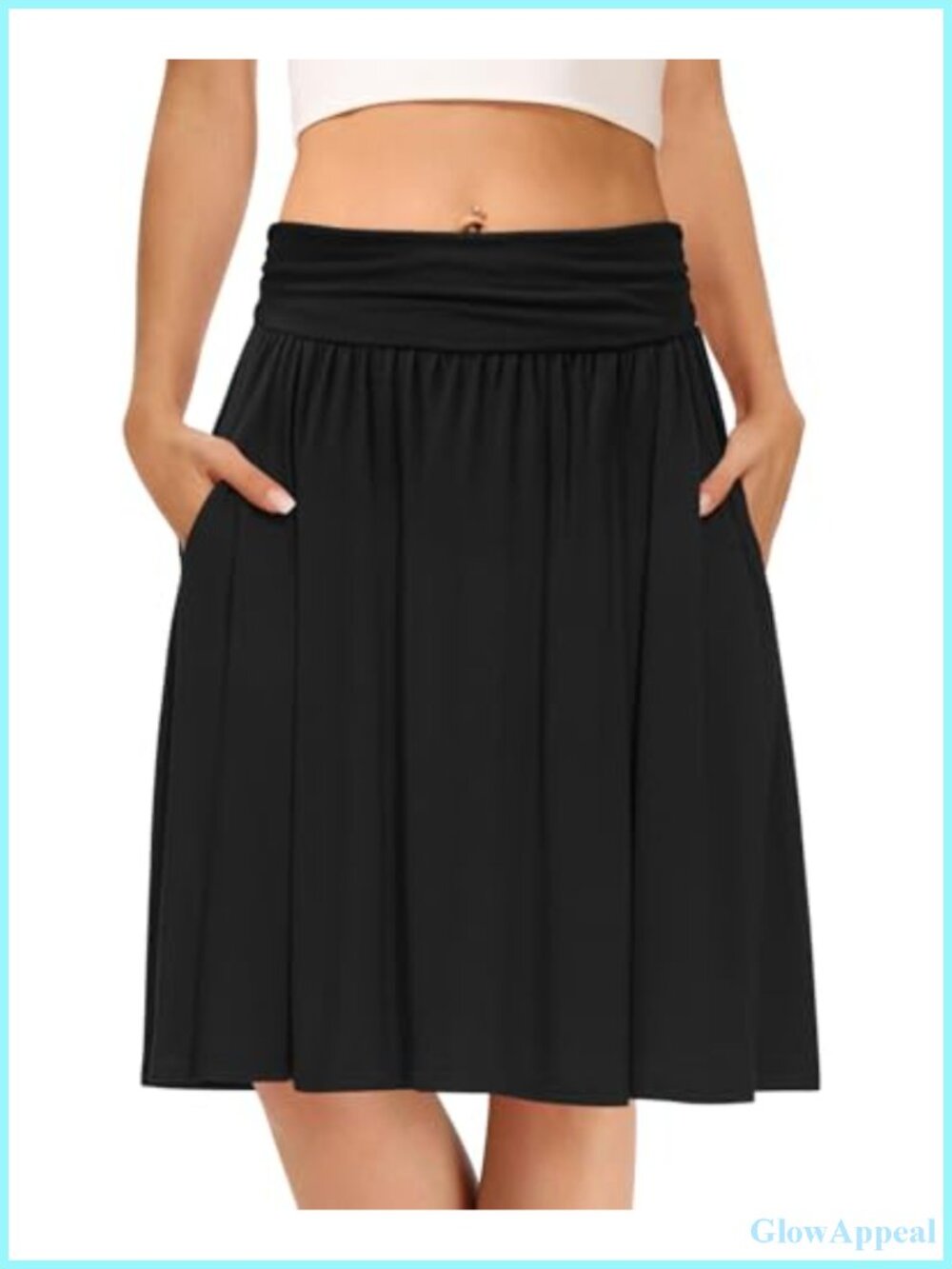 Women Midi Skirt Knee Length Flowy Pleated High Waist A-Line with Pockets
